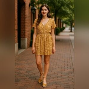 Kaileigh 2X Mustard Mini Dress Ditsy Floral Boho Cottagecore Flowy Feminine EUC